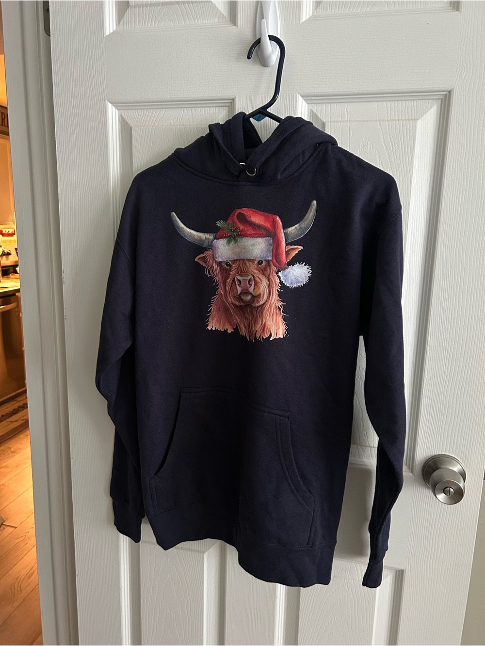 Blue Hoodie with Festive Highland Cow Graphic
